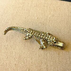 Alligator Silvertone Brooch with Clear Rhinestone Detail.